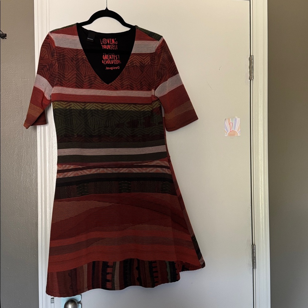 Desigual Boho Print Ribbed Dress, Color Rust/Green length approx 35 inches, XL